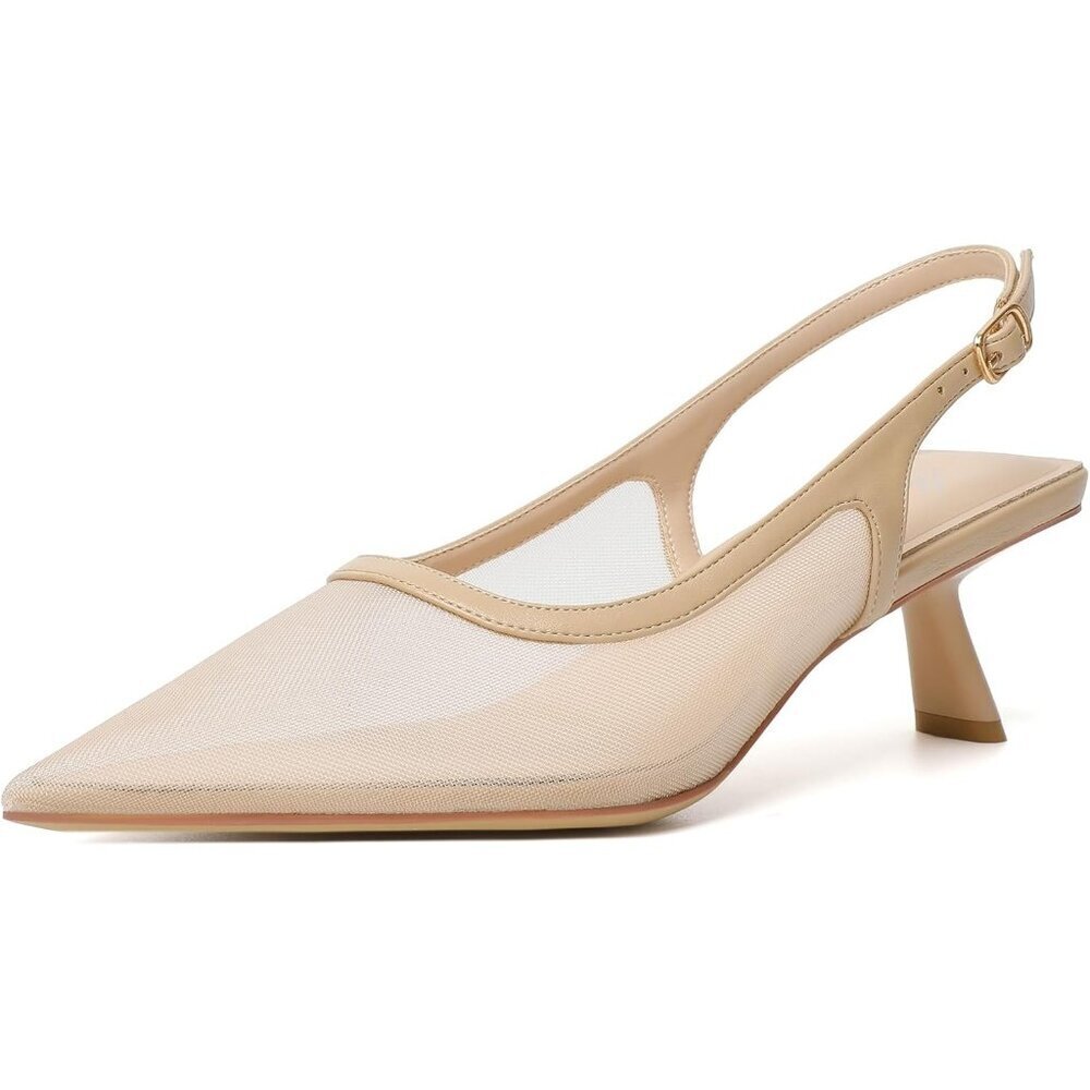Mostrin Kitten Heels Nude Mesh Low Slingback Heels with Buckle Dress Shoes